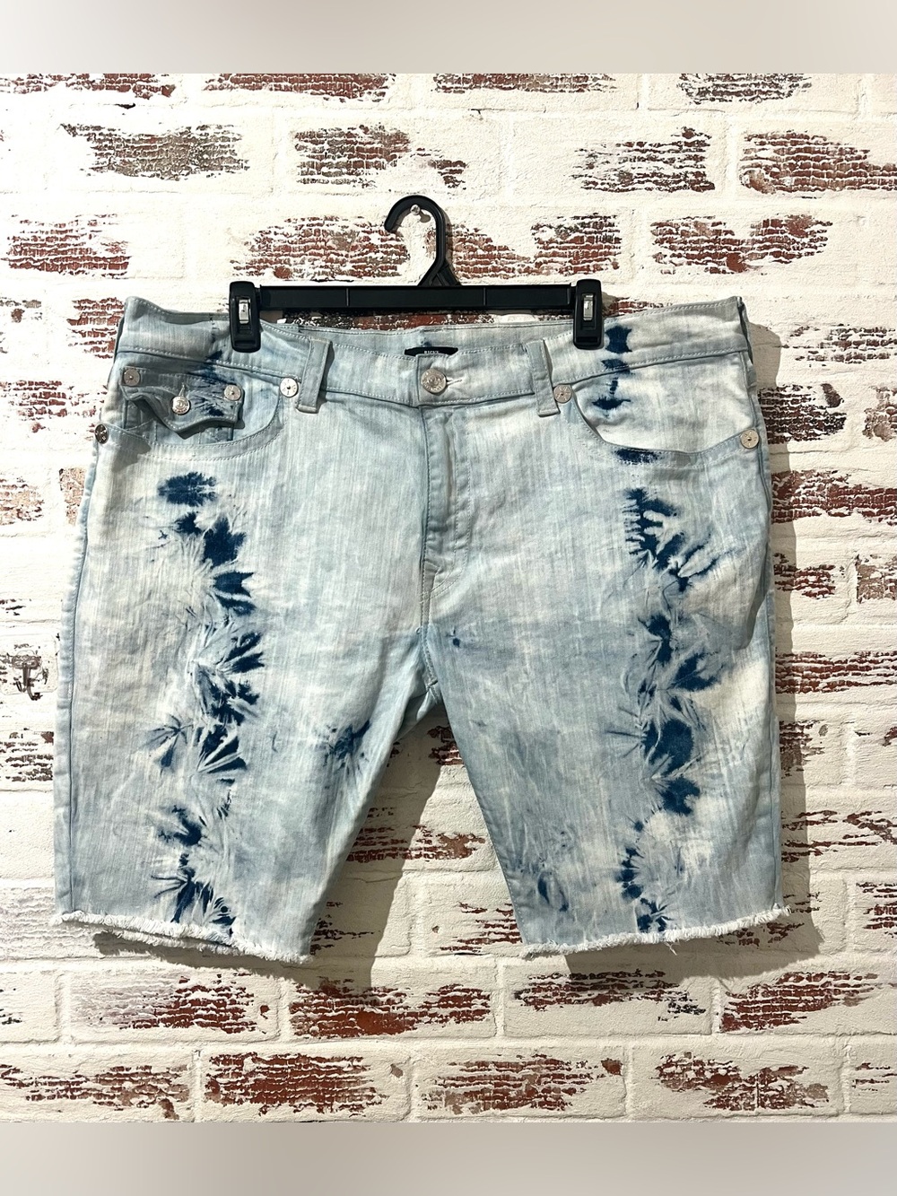 True Religion Shorts Ricky Relaxed Straight Frayed Hem Tie Dye Ice Wash Mens 46